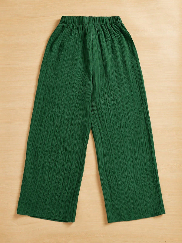 Essnce pantalones casuales de pernera ancha de 7/8 con textura y cintura anudada de unicolor para mujer