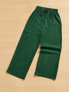 Essnce pantalones casuales de pernera ancha de 7/8 con textura y cintura anudada de unicolor para mujer