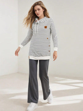 Sudadera con capucha a rayas para mujer con bolsillo con sombrero, sudadera de felpa bordada, mujer, otono e invierno, engrosada