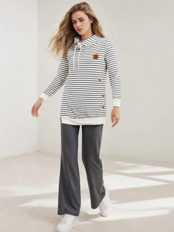 Sudadera con capucha a rayas para mujer con bolsillo con sombrero, sudadera de felpa bordada, mujer, otono e invierno, engrosada