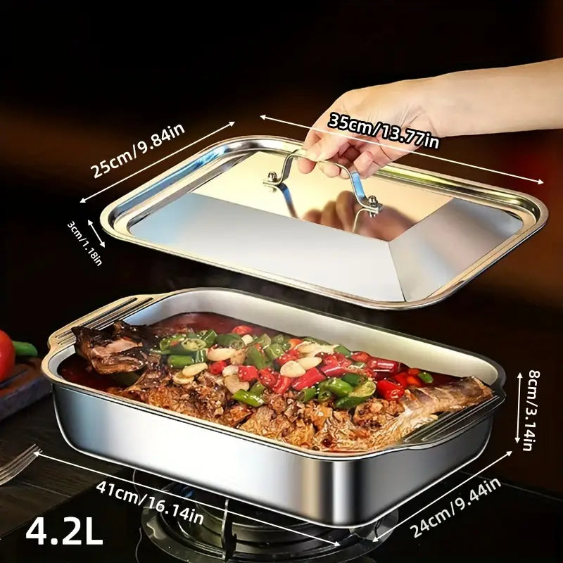 Bandja de horno rectangular extra grande de acero inoxidable pesado con tapa - Sartén para horno gruesa antiadherente para postres, pan, mariscos - Ideal para BBQ, buffet y festividades