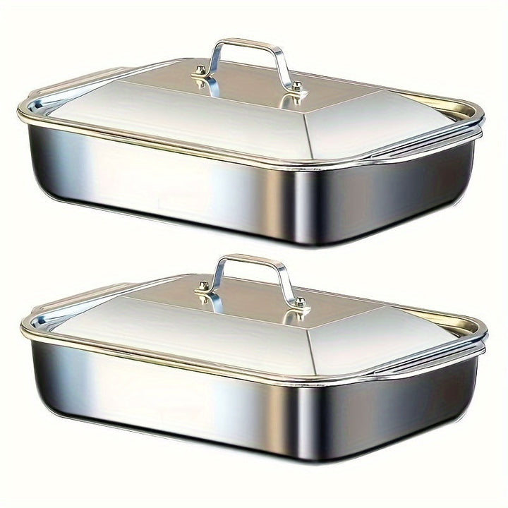 Bandja de horno rectangular extra grande de acero inoxidable pesado con tapa - Sartén para horno gruesa antiadherente para postres, pan, mariscos - Ideal para BBQ, buffet y festividades