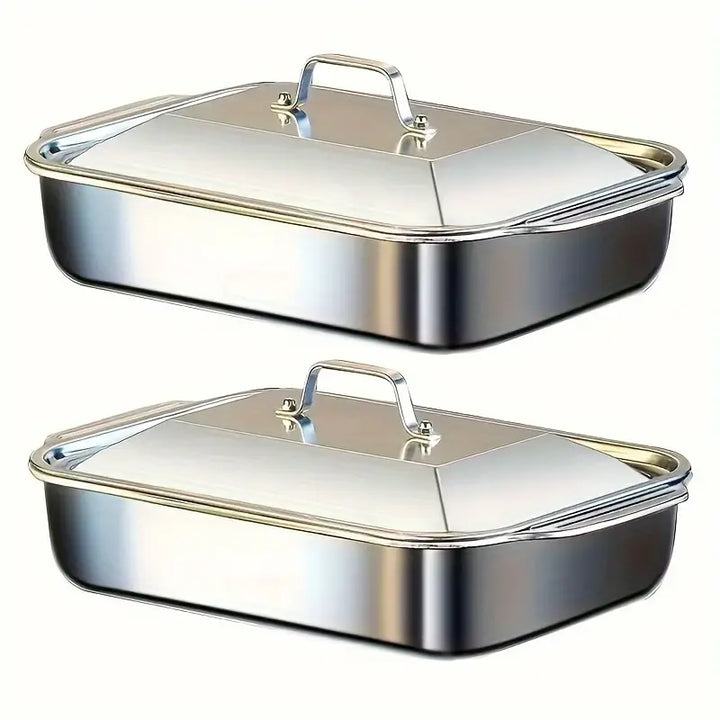 Bandja de horno rectangular extra grande de acero inoxidable pesado con tapa - Sartén para horno gruesa antiadherente para postres, pan, mariscos - Ideal para BBQ, buffet y festividades