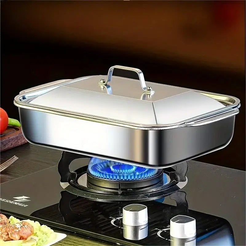Bandja de horno rectangular extra grande de acero inoxidable pesado con tapa - Sartén para horno gruesa antiadherente para postres, pan, mariscos - Ideal para BBQ, buffet y festividades