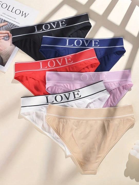 Set de 6 bragas de cintura alta suaves y solidas con estampado en ingles, ropa interior para dama