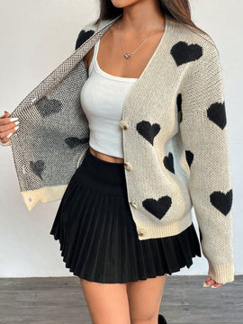 Essnce sueter de cardigan grueso y calido con patron de corazones verdes y blancos para mujer