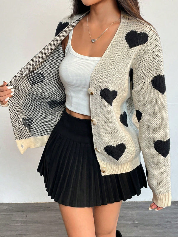 Essnce cardigan informal holgado monobotonadura de manga larga con caida en los hombros y estampado de corazon para mujer, otono/invierno