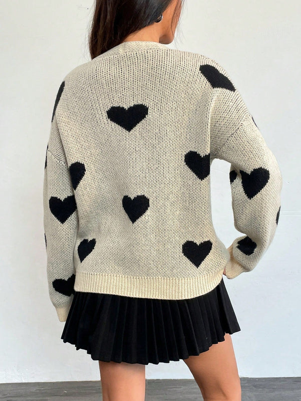 Essnce cardigan informal holgado monobotonadura de manga larga con caida en los hombros y estampado de corazon para mujer, otono/invierno