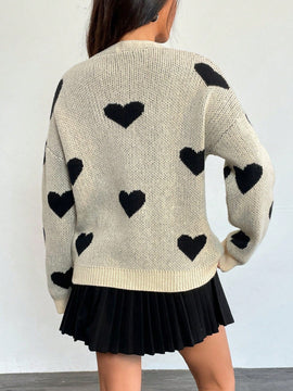 Essnce sueter de cardigan grueso y calido con patron de corazones verdes y blancos para mujer