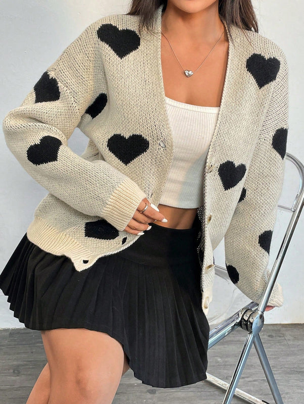 Essnce cardigan informal holgado monobotonadura de manga larga con caida en los hombros y estampado de corazon para mujer, otono/invierno