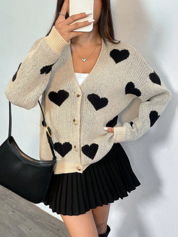 Essnce cardigan informal holgado monobotonadura de manga larga con caida en los hombros y estampado de corazon para mujer, otono/invierno