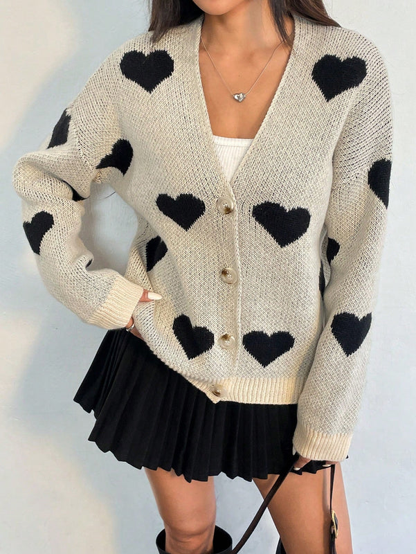 Essnce cardigan informal holgado monobotonadura de manga larga con caida en los hombros y estampado de corazon para mujer, otono/invierno
