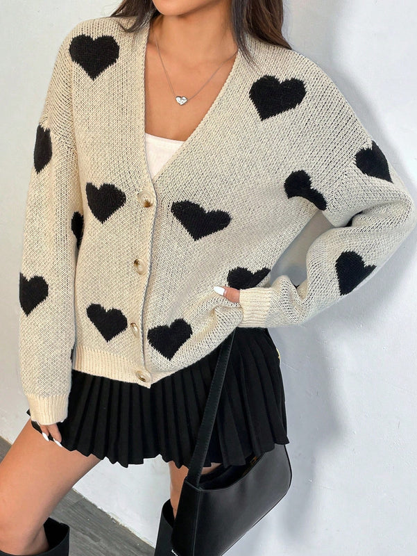 Essnce cardigan informal holgado monobotonadura de manga larga con caida en los hombros y estampado de corazon para mujer, otono/invierno