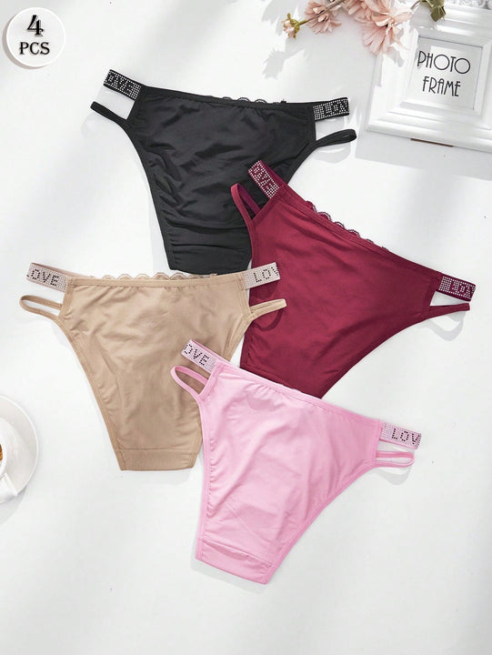 4 unidades bragas de mujer de tanga de moda para otono e invierno con brillantes de strass, encaje transparente, cuerda personalizada, ropa interior elastica, transpirable y comoda de cintura media