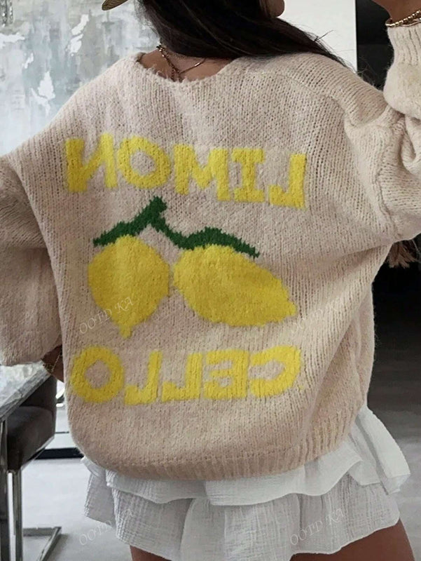 Chaqueta corta de cardigan casual de manga larga con botones y estampado de limon oversize para mujer en otono e invierno