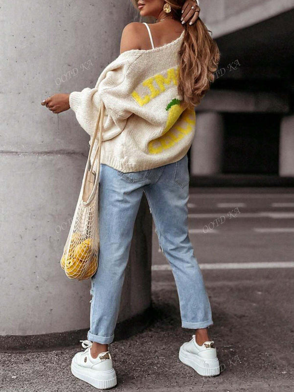 Chaqueta corta de cardigan casual de manga larga con botones y estampado de limon oversize para mujer en otono e invierno