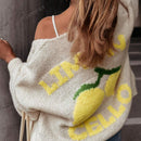 Cardigan corto casual de manga larga para mujer con botones y diseno de jacquard con limones, para otono e invierno