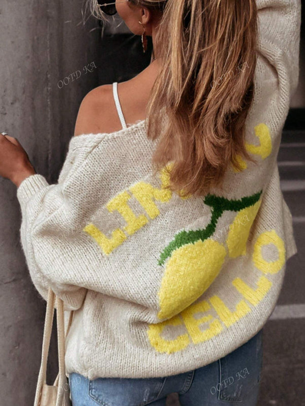 Chaqueta corta de cardigan casual de manga larga con botones y estampado de limon oversize para mujer en otono e invierno
