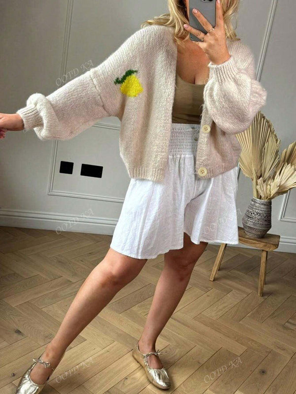 Cardigan corto casual de manga larga para mujer con botones y diseno de jacquard con limones, para otono e invierno