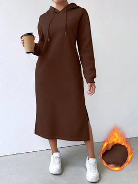 Relaxiva vestido sudadera casual de felpa con capucha, manga larga, bajo con abertura, cordon ajustable, estampado de lema para mujer, otono/invierno