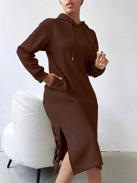 Lune vestido con capucha de manga larga, bolsillo y unicolor minimalista para mujer