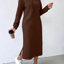 Relaxiva vestido sudadera casual de felpa con capucha, manga larga, bajo con abertura, cordon ajustable, estampado de lema para mujer, otono/invierno