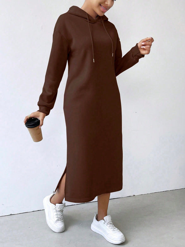 Relaxiva vestido sudadera casual de felpa con capucha, manga larga, bajo con abertura, cordon ajustable, estampado de lema para mujer, otono/invierno