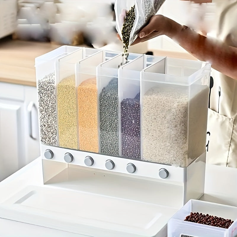 Contenedor de Almacenamiento de Granos con Cerradura Montado en Pared - Organizador Reutilizable para Arroz, Frijoles y Productos Secos con 4 Compartimentos - Esencial Lavable a Mano para Despensa, Diseño con Tapa Abatible