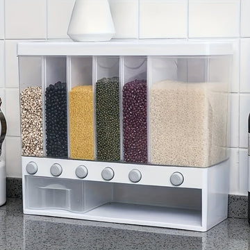 Contenedor de Almacenamiento de Granos con Cerradura Montado en Pared - Organizador Reutilizable para Arroz, Frijoles y Productos Secos con 4 Compartimentos - Esencial Lavable a Mano para Despensa, Diseño con Tapa Abatible