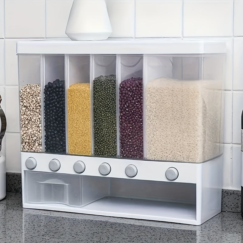Contenedor de Almacenamiento de Granos con Cerradura Montado en Pared - Organizador Reutilizable para Arroz, Frijoles y Productos Secos con 4 Compartimentos - Esencial Lavable a Mano para Despensa, Diseño con Tapa Abatible