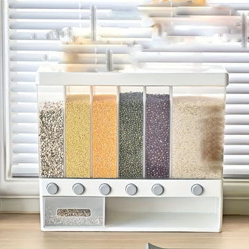 Contenedor de Almacenamiento de Granos con Cerradura Montado en Pared - Organizador Reutilizable para Arroz, Frijoles y Productos Secos con 4 Compartimentos - Esencial Lavable a Mano para Despensa, Diseño con Tapa Abatible