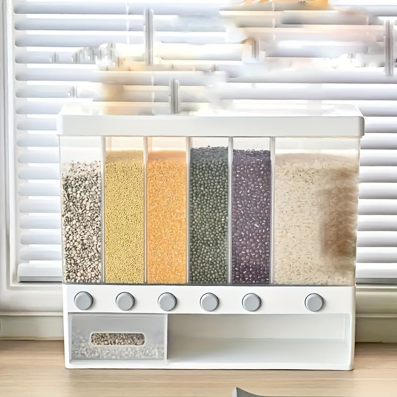 Contenedor de Almacenamiento de Granos con Cerradura Montado en Pared - Organizador Reutilizable para Arroz, Frijoles y Productos Secos con 4 Compartimentos - Esencial Lavable a Mano para Despensa, Diseño con Tapa Abatible