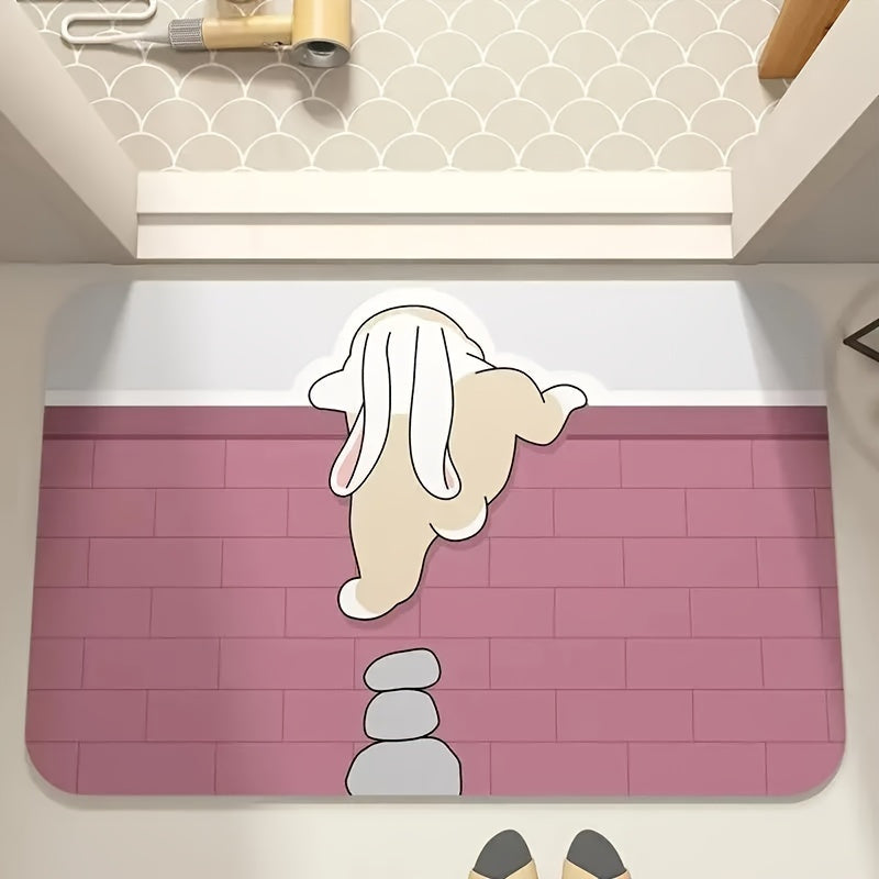 Alfombra Absorbente de Secado Rápido con Animales de Dibujos Animados Encantadores - Antideslizante, Sin Olor, Tierra de Diatomeas, Perfecta para Entradas de Baño y Cocina, Diseño de Conejo y Gato Lindo, Poliéster Suave