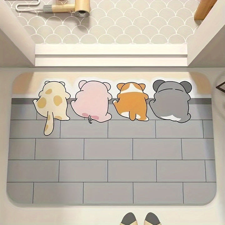 Alfombra Absorbente de Secado Rápido con Animales de Dibujos Animados Encantadores - Antideslizante, Sin Olor, Tierra de Diatomeas, Perfecta para Entradas de Baño y Cocina, Diseño de Conejo y Gato Lindo, Poliéster Suave