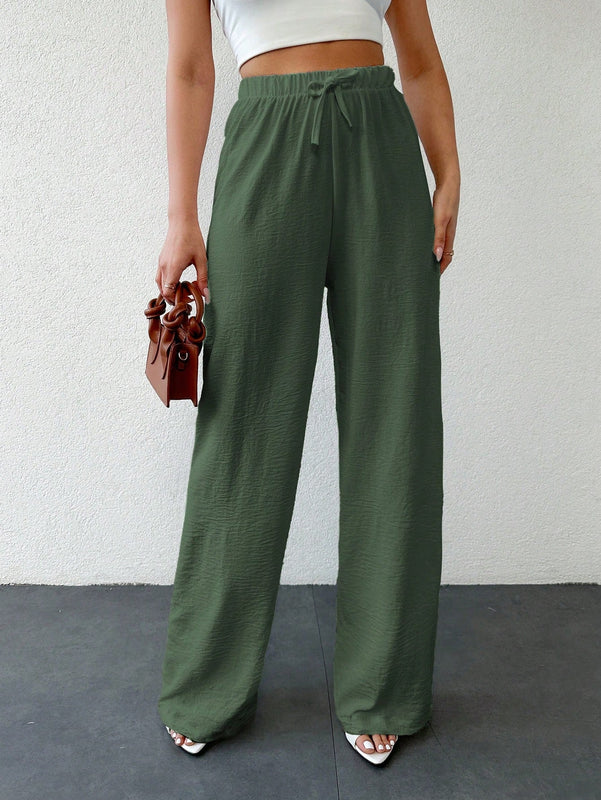 Tall pantalones de mujer casuales de talla alta con nudo y unicolor de algodon