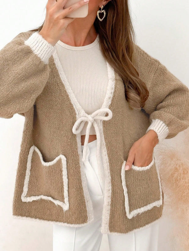 Frenchy blusa minimalista de manga larga con bolsillo y detalle de color contrastante en los bordes con lazo frontal para mujer