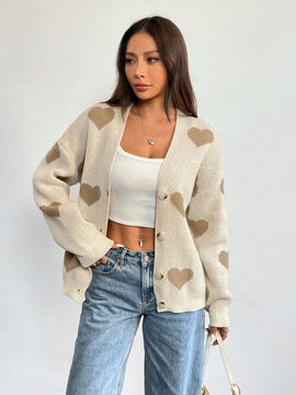 Essnce sueter de cardigan grueso y calido con patron de corazones verdes y blancos para mujer