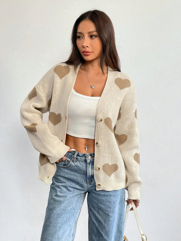 Essnce cardigan informal holgado monobotonadura de manga larga con caida en los hombros y estampado de corazon para mujer, otono/invierno
