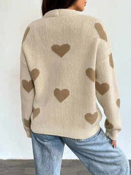 Essnce cardigan informal holgado monobotonadura de manga larga con caida en los hombros y estampado de corazon para mujer, otono/invierno
