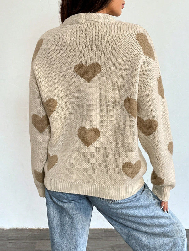 Essnce cardigan informal holgado monobotonadura de manga larga con caida en los hombros y estampado de corazon para mujer, otono/invierno