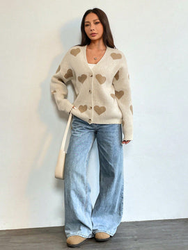 Essnce sueter de cardigan grueso y calido con patron de corazones verdes y blancos para mujer