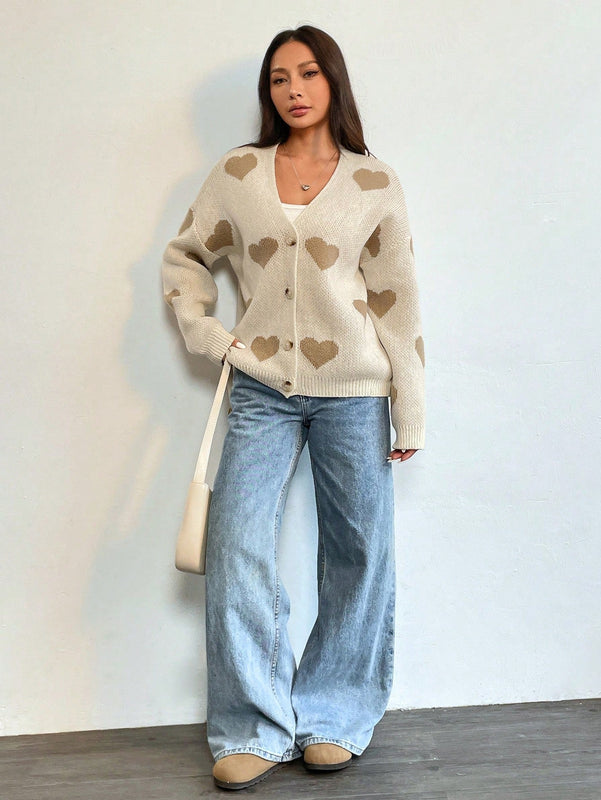 Essnce cardigan informal holgado monobotonadura de manga larga con caida en los hombros y estampado de corazon para mujer, otono/invierno