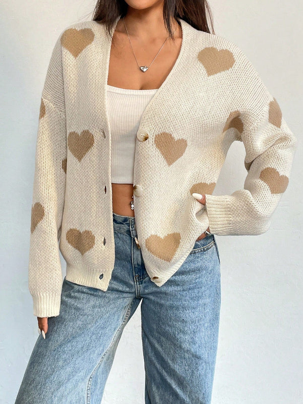 Essnce cardigan informal holgado monobotonadura de manga larga con caida en los hombros y estampado de corazon para mujer, otono/invierno