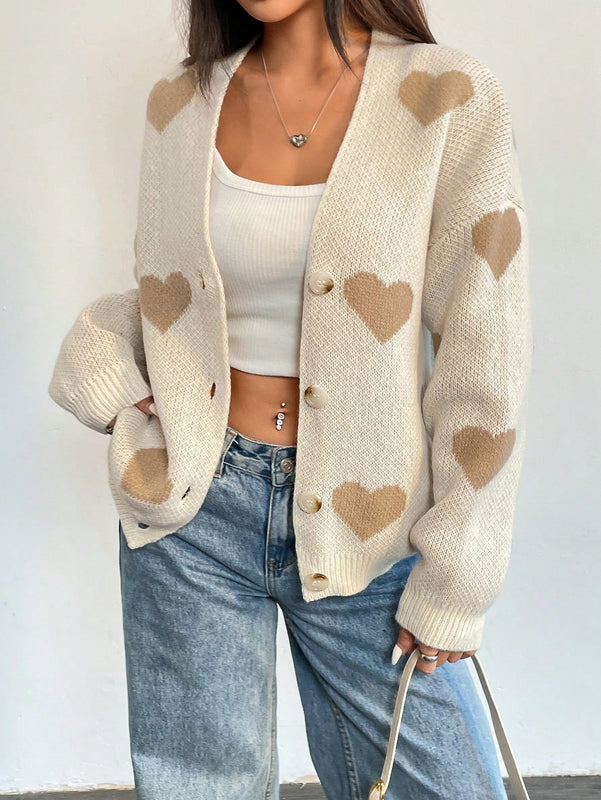 Essnce cardigan informal holgado monobotonadura de manga larga con caida en los hombros y estampado de corazon para mujer, otono/invierno