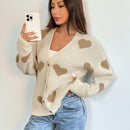 Essnce cardigan informal holgado monobotonadura de manga larga con caida en los hombros y estampado de corazon para mujer, otono/invierno