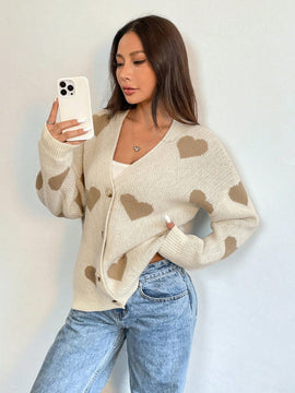 Essnce sueter de cardigan grueso y calido con patron de corazones verdes y blancos para mujer