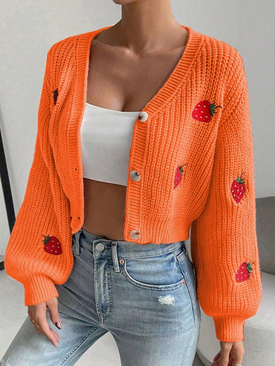 Moosta cardigan holgado de mujer con mangas farol, hombros caidos y bordado de fresa de estilo casual