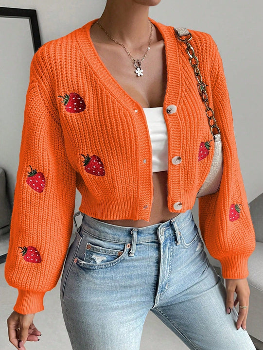 Moosta cardigan holgado de mujer con mangas farol, hombros caidos y bordado de fresa de estilo casual