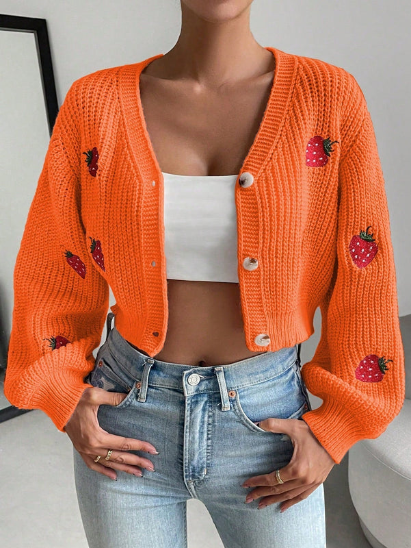 Moosta cardigan holgado de mujer con mangas farol, hombros caidos y bordado de fresa de estilo casual