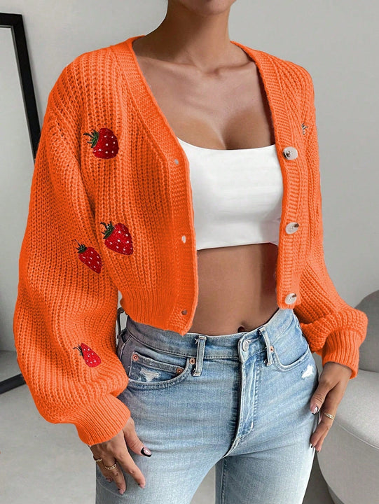 Moosta cardigan holgado de mujer con mangas farol, hombros caidos y bordado de fresa de estilo casual
